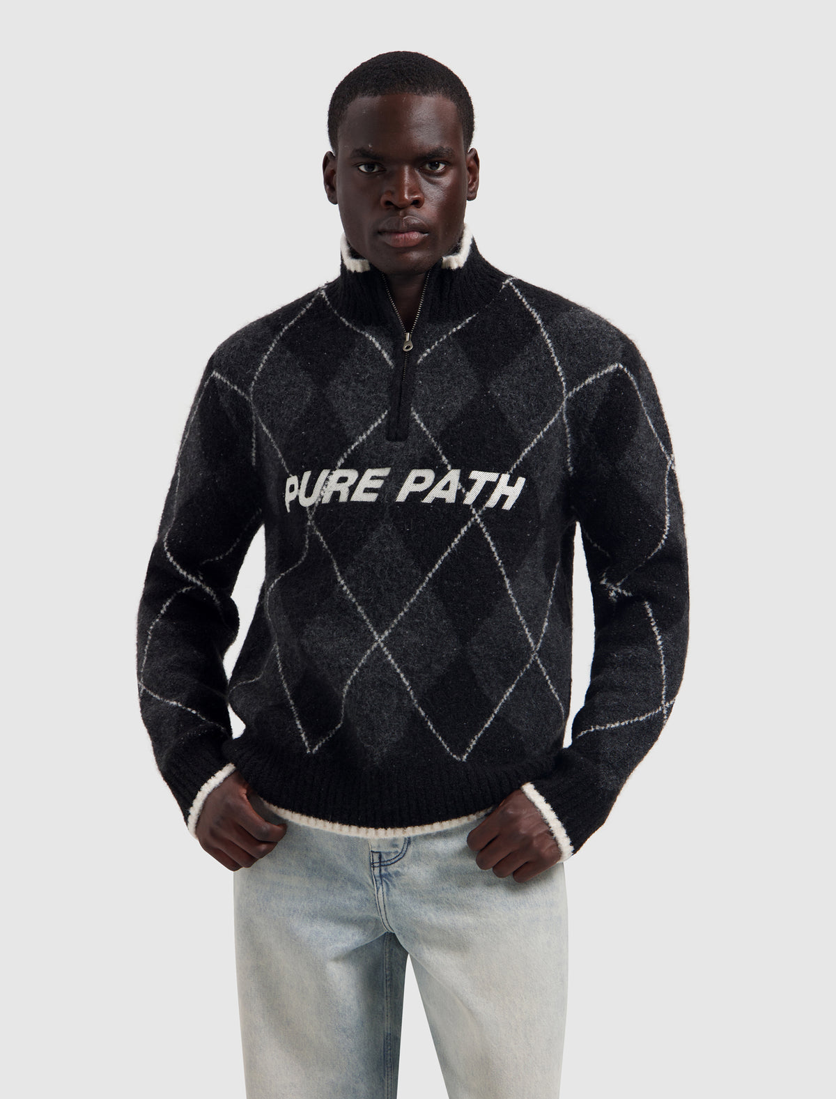 PURE PATH Argyle Half-zip Knit Sweater Black
