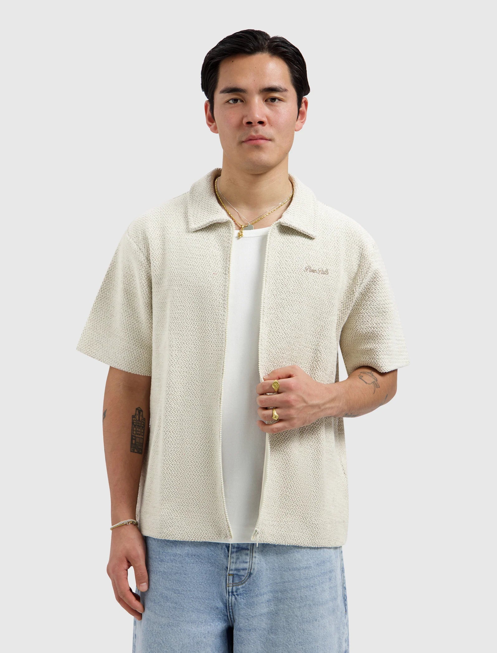 PURE PATH JACQUARD FULL-ZIP SHORTSLEEVE SHIRT Ecru