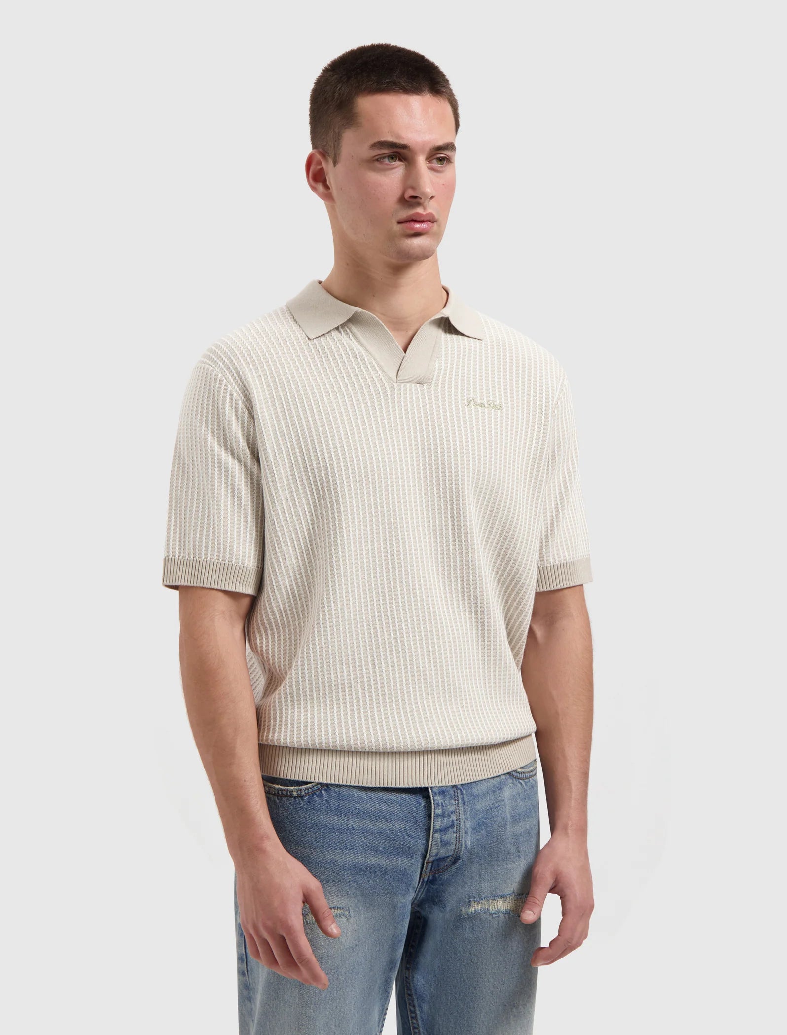 PURE PATH LADDER STITCH KNIT POLO Sand