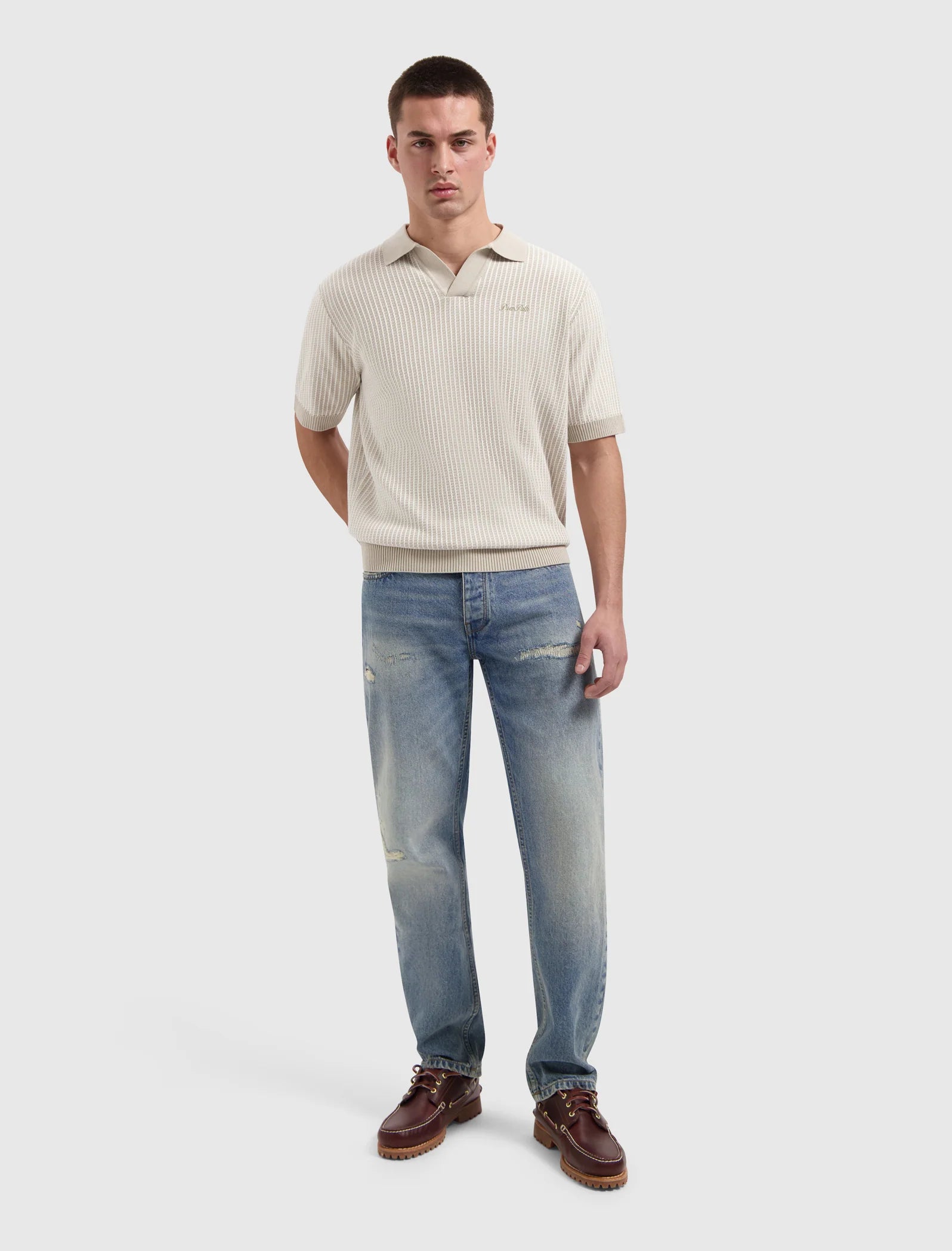 PURE PATH LADDER STITCH KNIT POLO Sand
