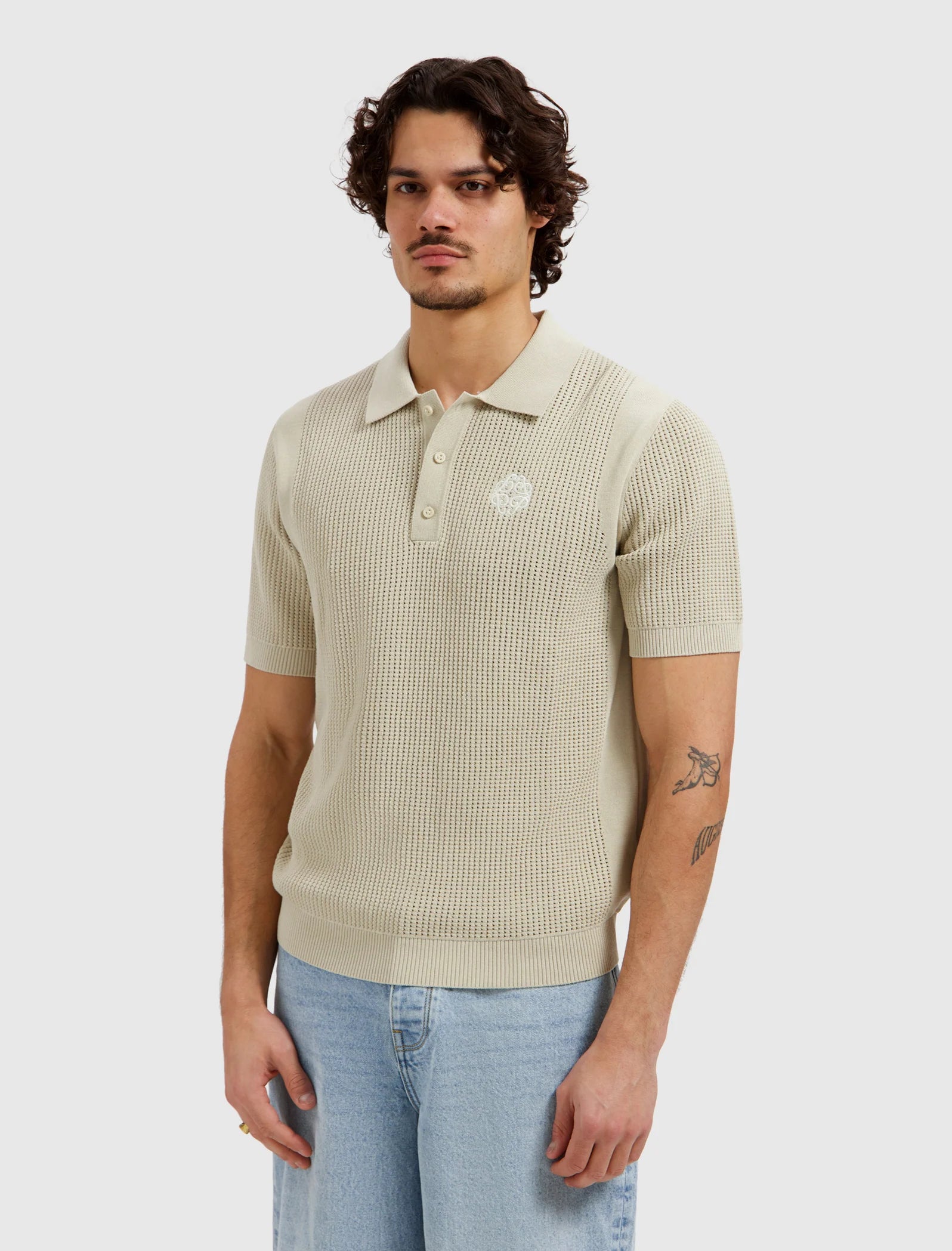 PURE PATH EMBLEM OPEN KNIT POLO Sand
