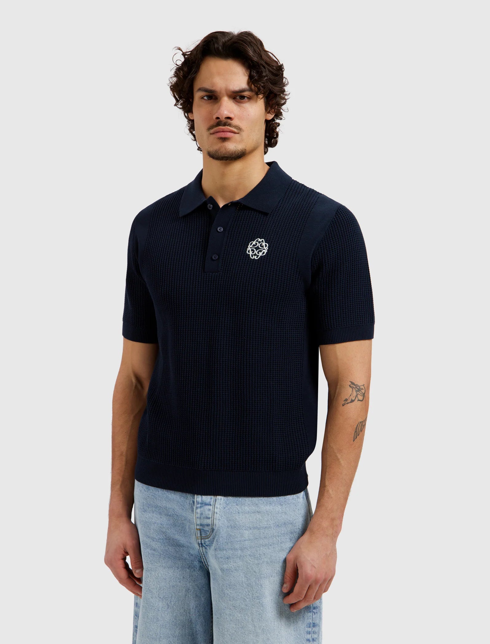 PURE PATH EMBLEM OPEN KNIT POLO Dark Navy