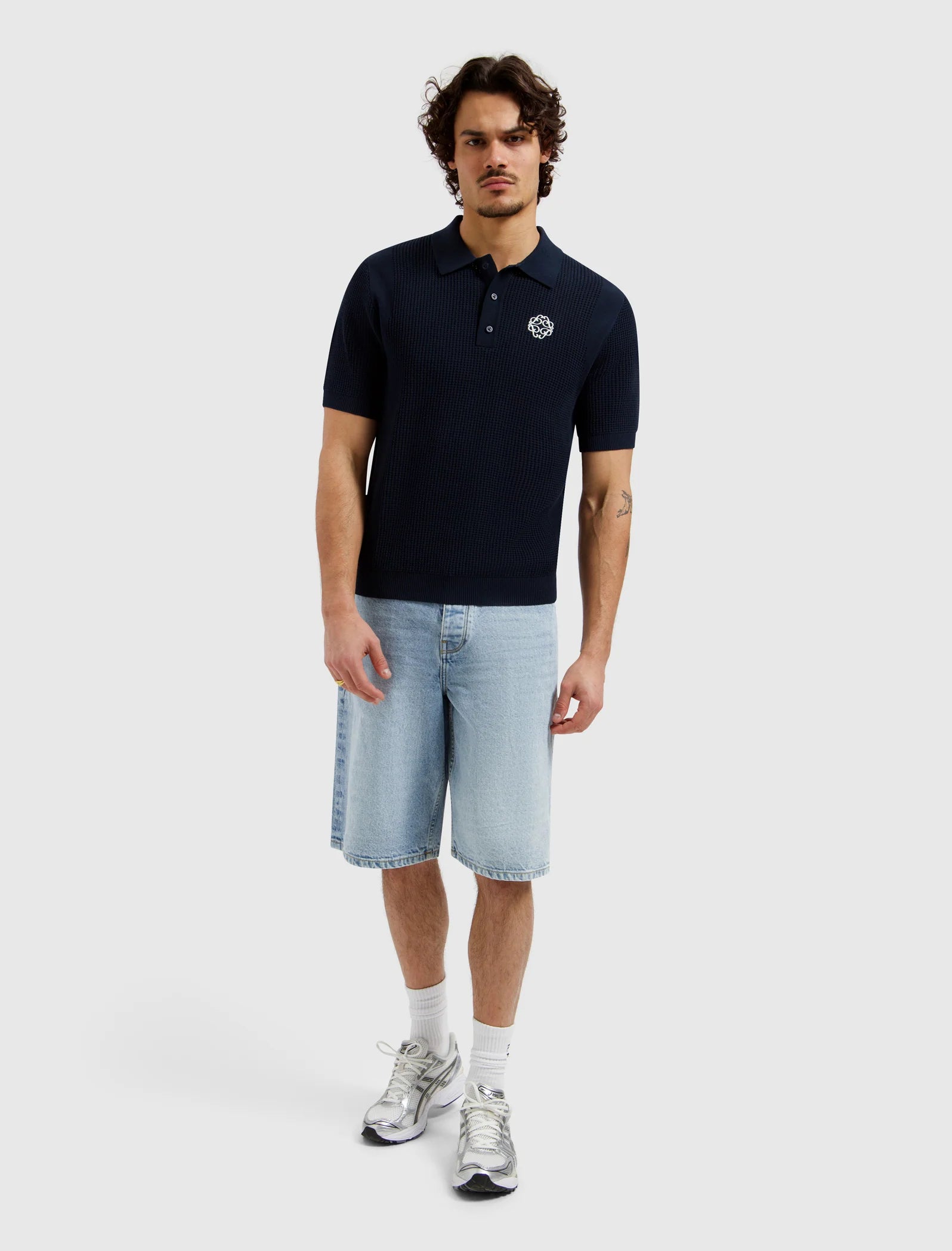 PURE PATH EMBLEM OPEN KNIT POLO Dark Navy