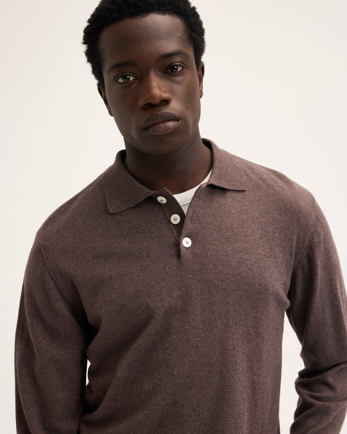 GOOD PEOPLE Kario Italian Knitted Long-Sleeve Polo Chocolate Brown