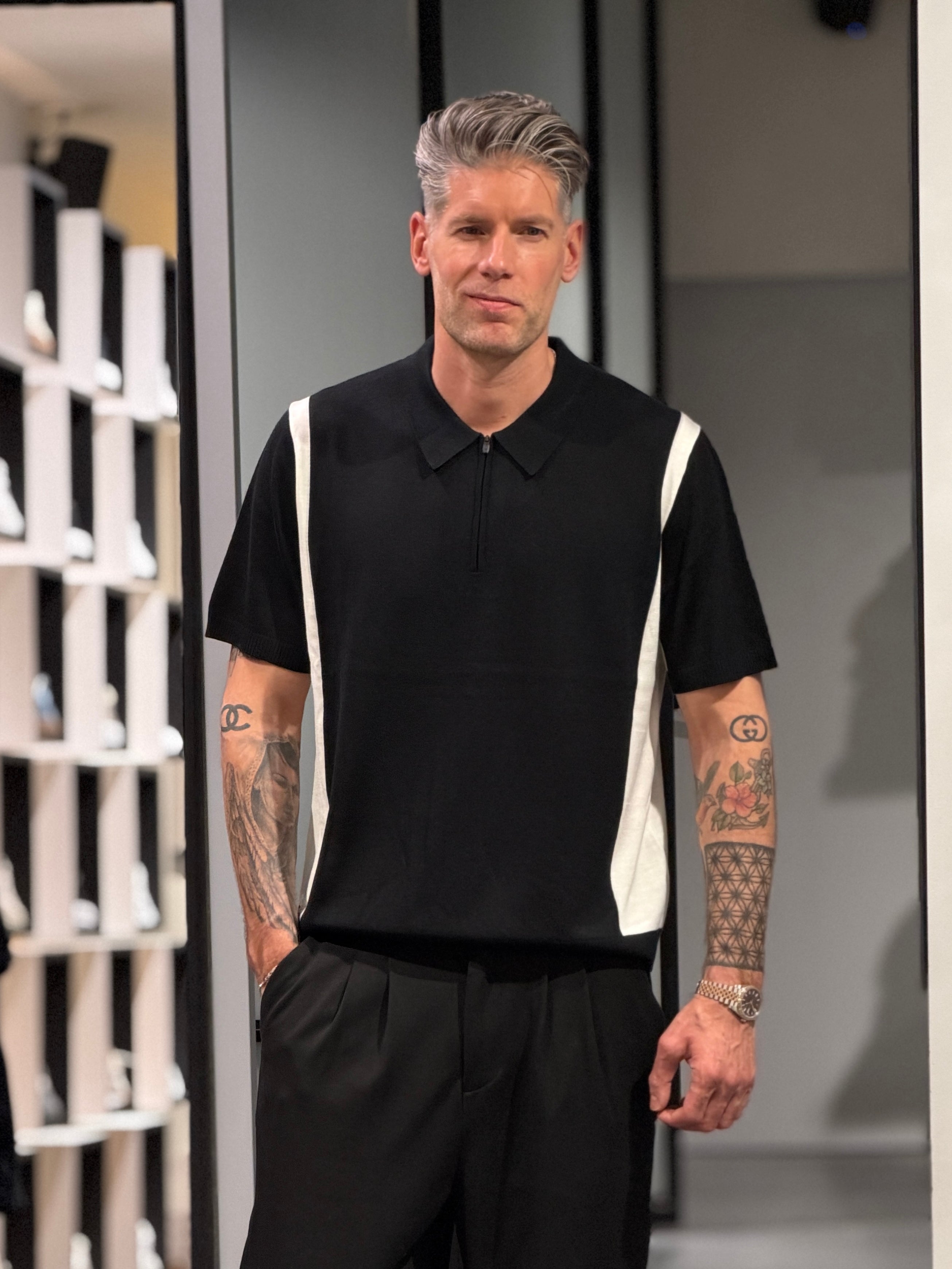 Remy Structure Zip Knit Polo Black White