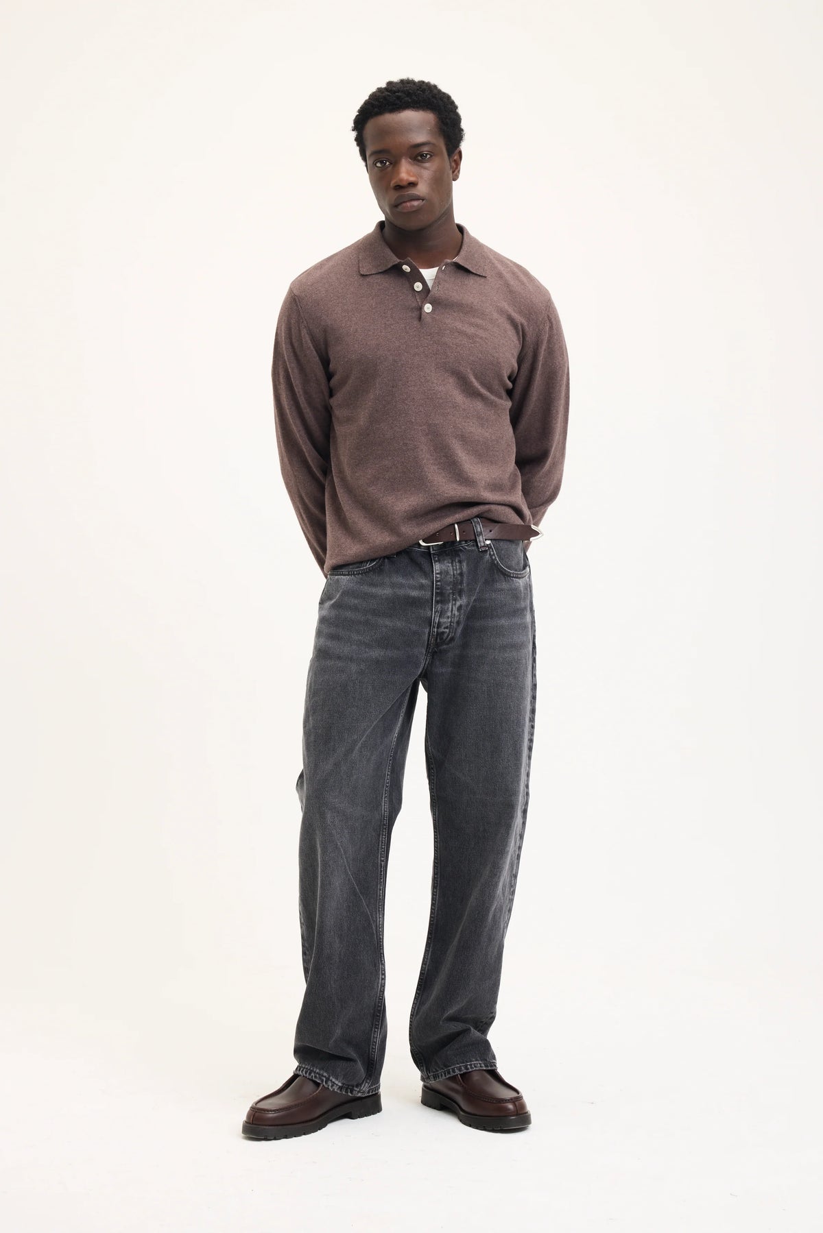 GOOD PEOPLE Kario Italian Knitted Long-Sleeve Polo Chocolate Brown