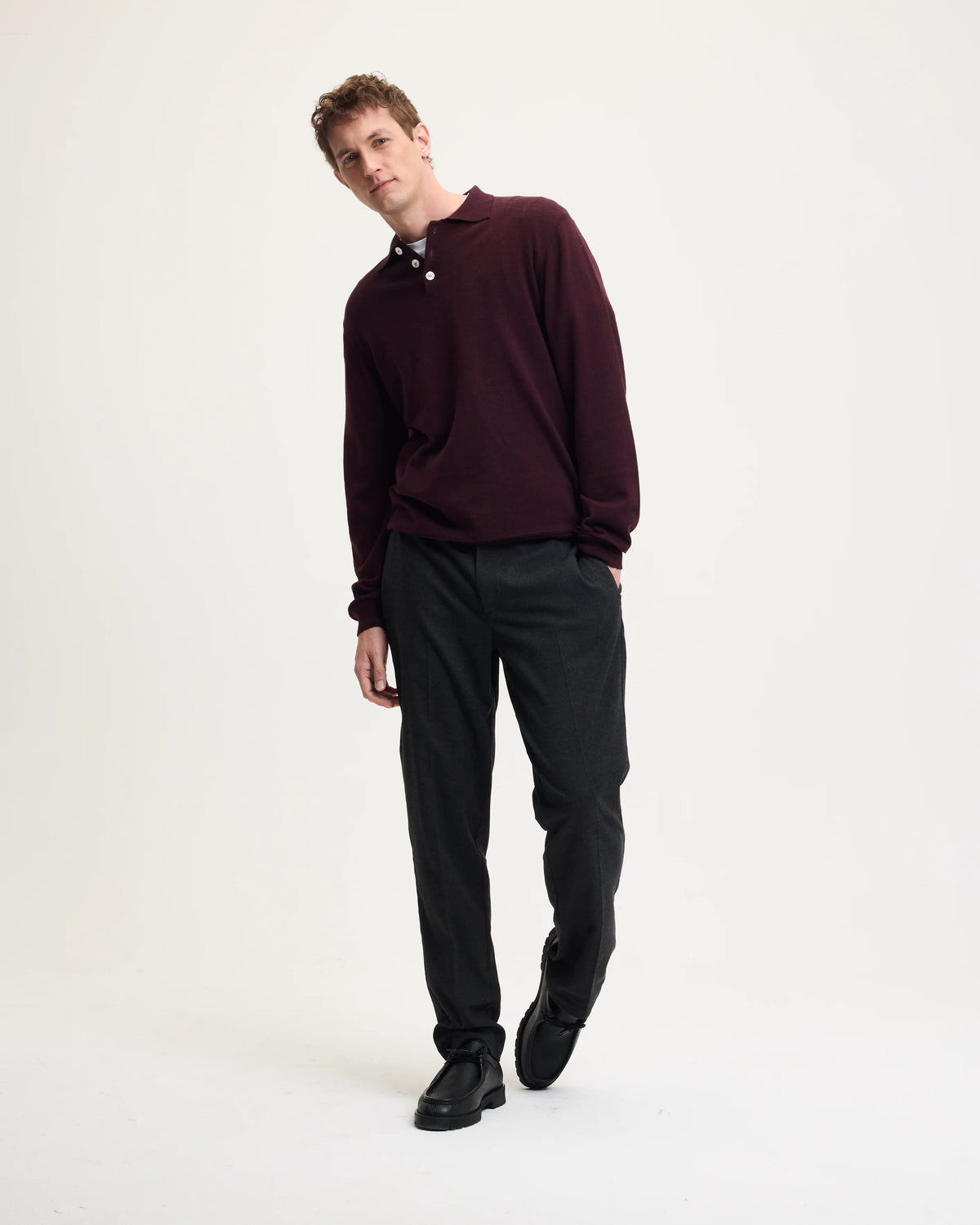 GOOD PEOPLE Kario Italian Knitted Long-Sleeve Polo Bordeaux