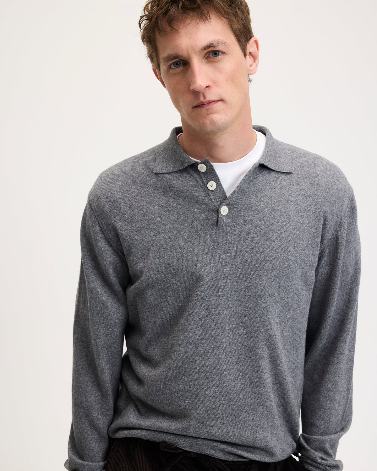 GOOD PEOPLE Kario Italian Knitted Long-Sleeve Polo Grey Mel.