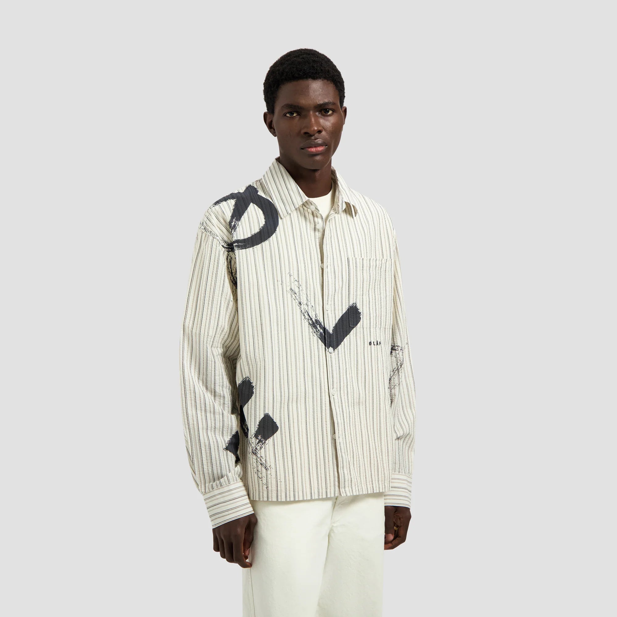OLAF BRUSHSTROKE LOGO STRIPE LS SHIRT - CHARCOAL/WHITE