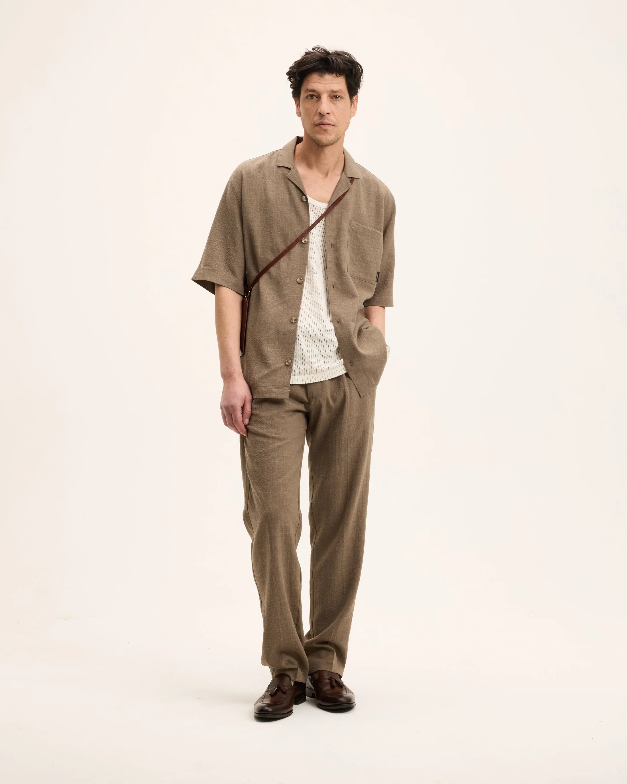 GOOD PEOPLE Sage Linen Blend Seersucker Shirt Earth