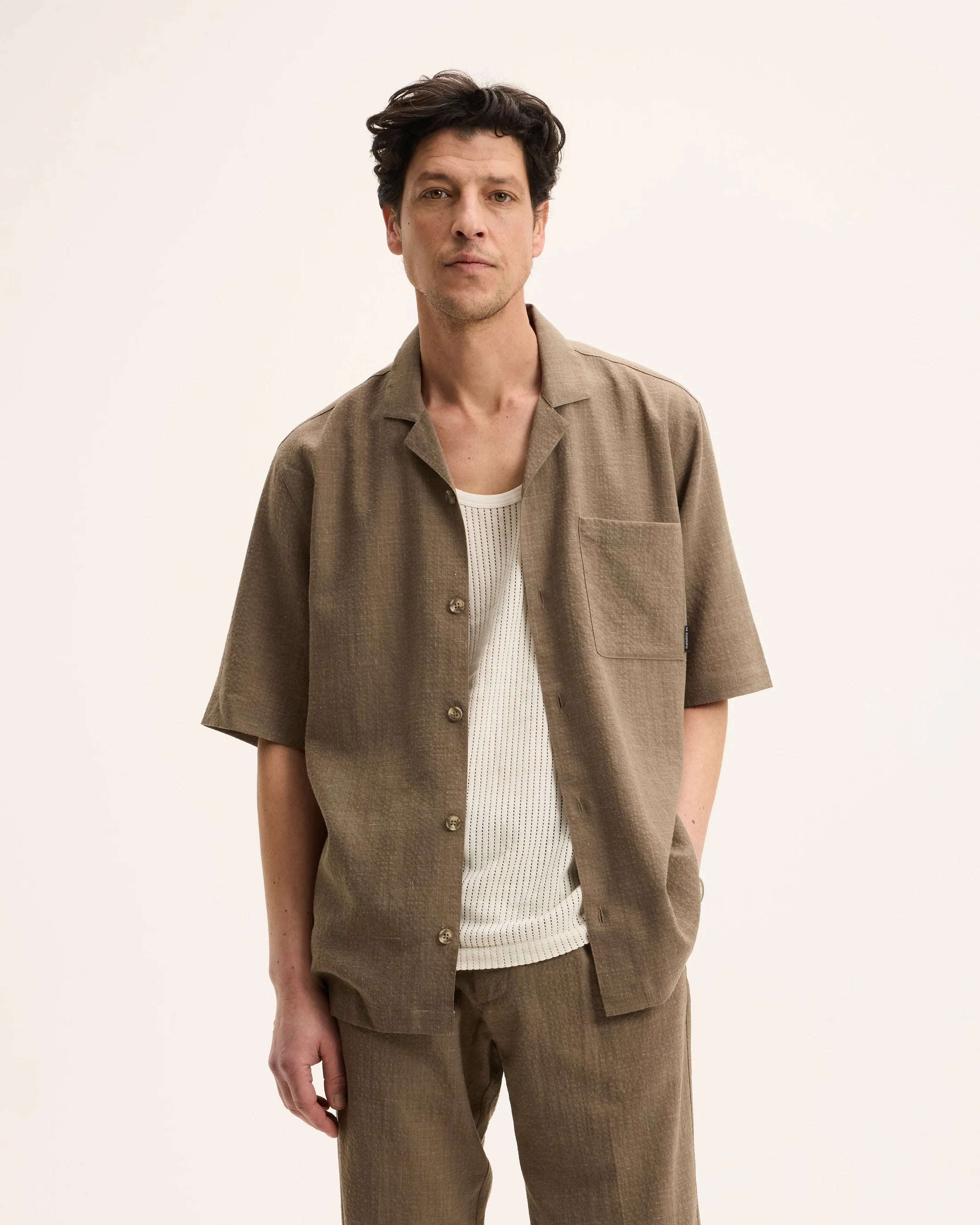 GOOD PEOPLE Sage Linen Blend Seersucker Shirt Earth