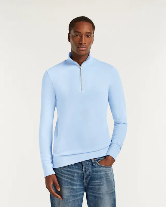 DENHAM ROGER HALF ZIP COTTON MELANGE JERSEY - Light Blue