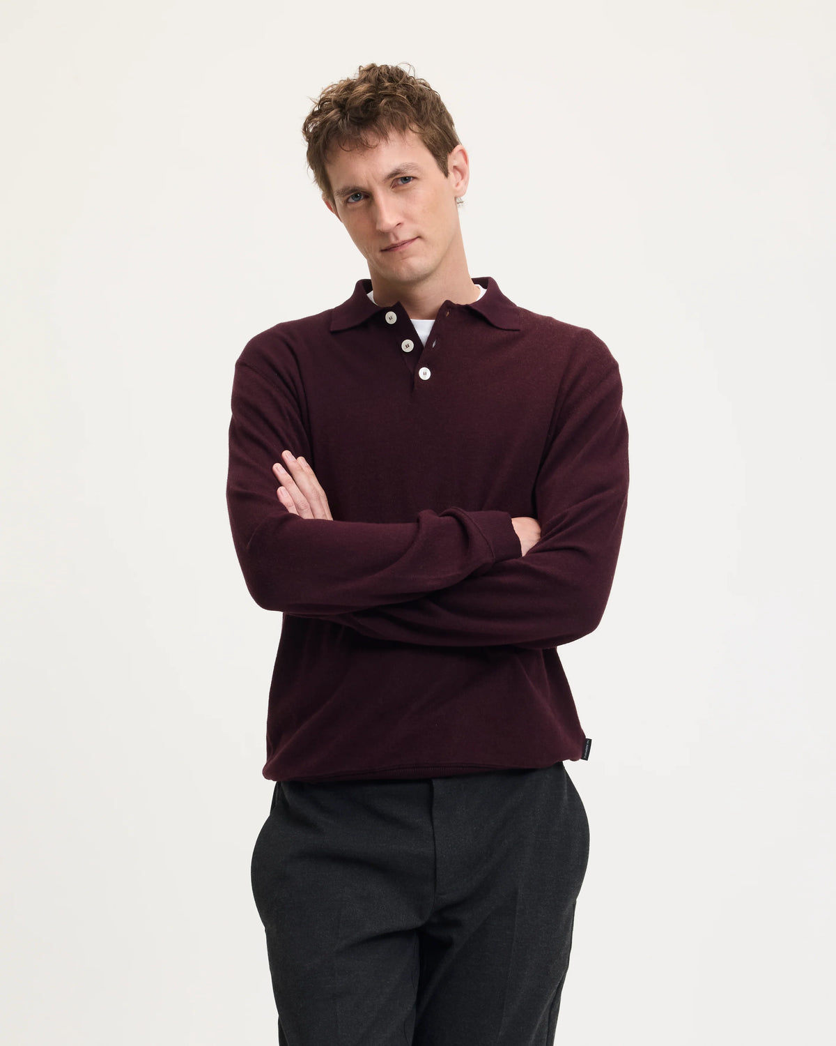 GOOD PEOPLE Kario Italian Knitted Long-Sleeve Polo Bordeaux
