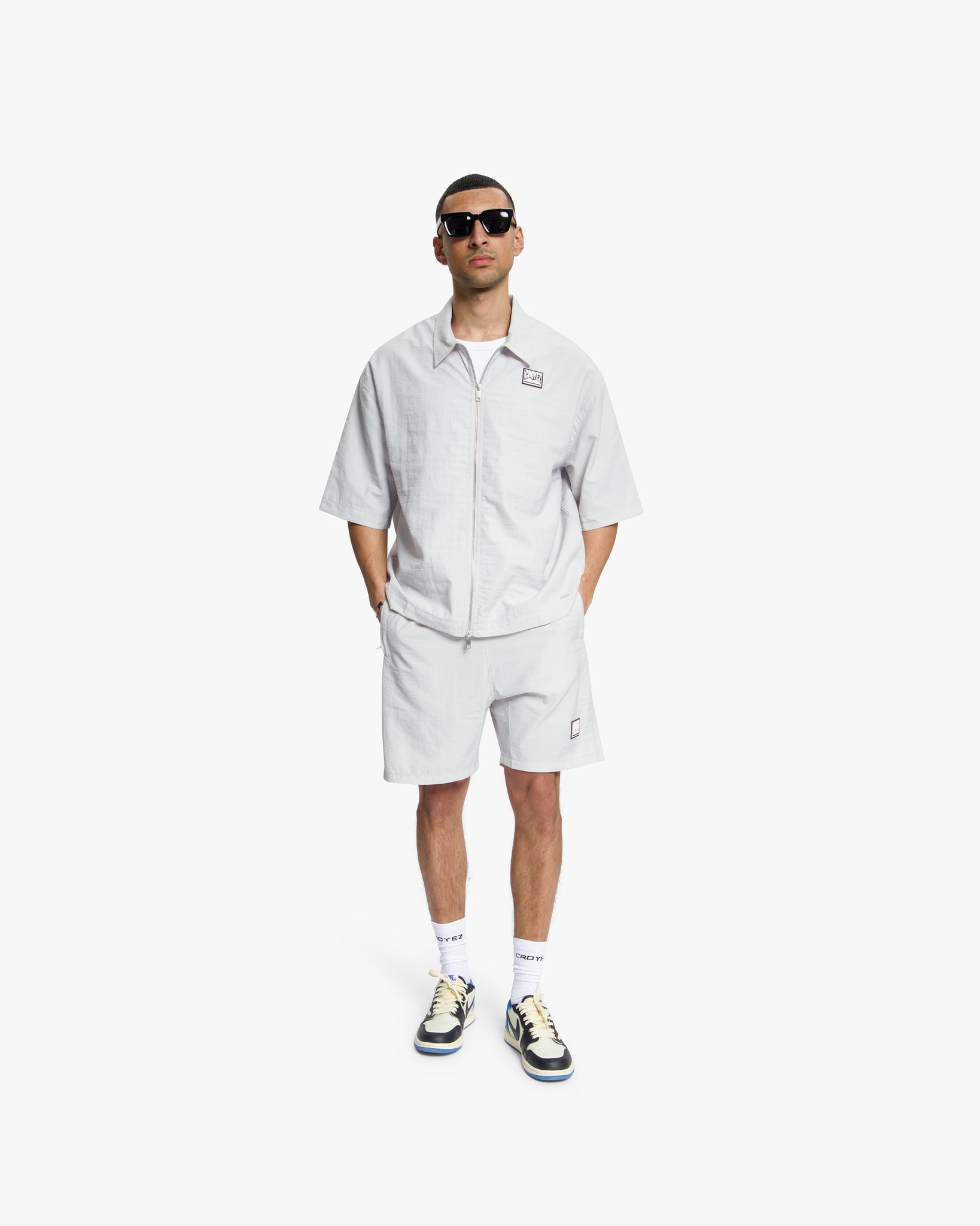 Croyez Crinkle Patch Shorts | Light Grey