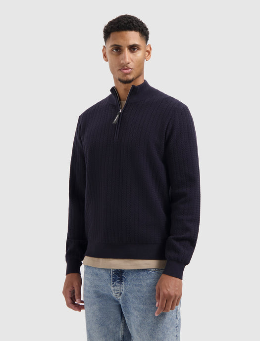 PURE PATH JACQUARD STRUCTURE KNIT HALF-ZIP SWEATER Dark Navy