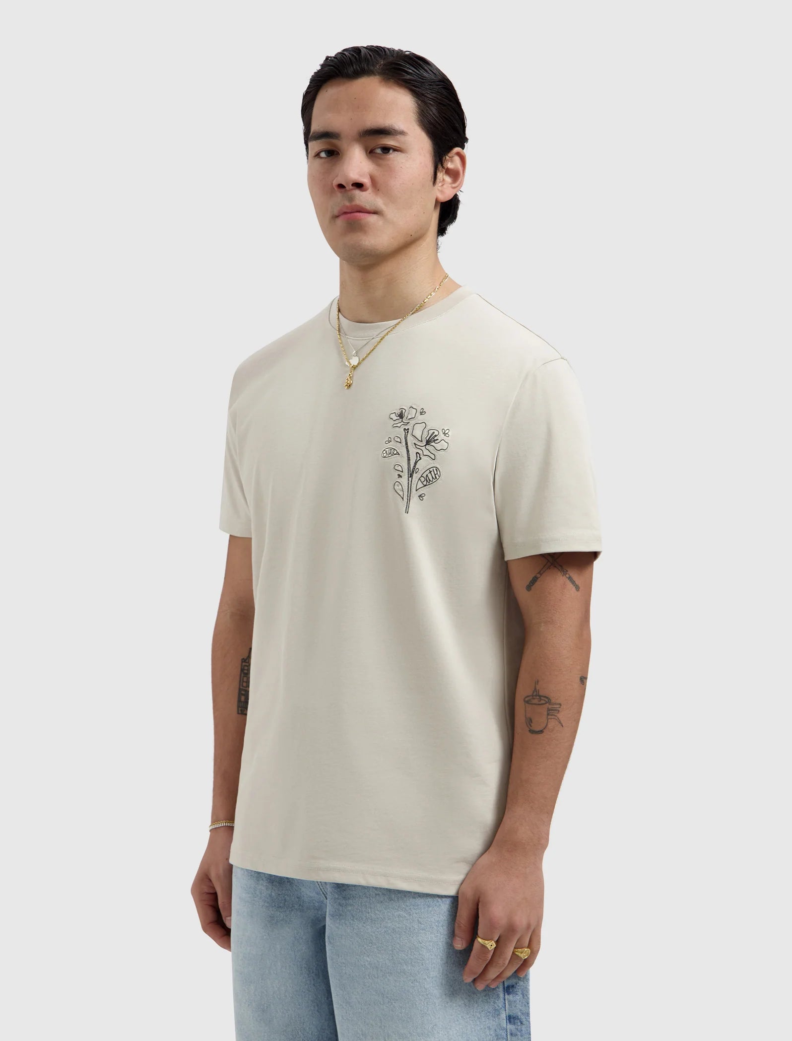 PURE PATH EMBROIDERED FLOWER T-SHIRT Sand