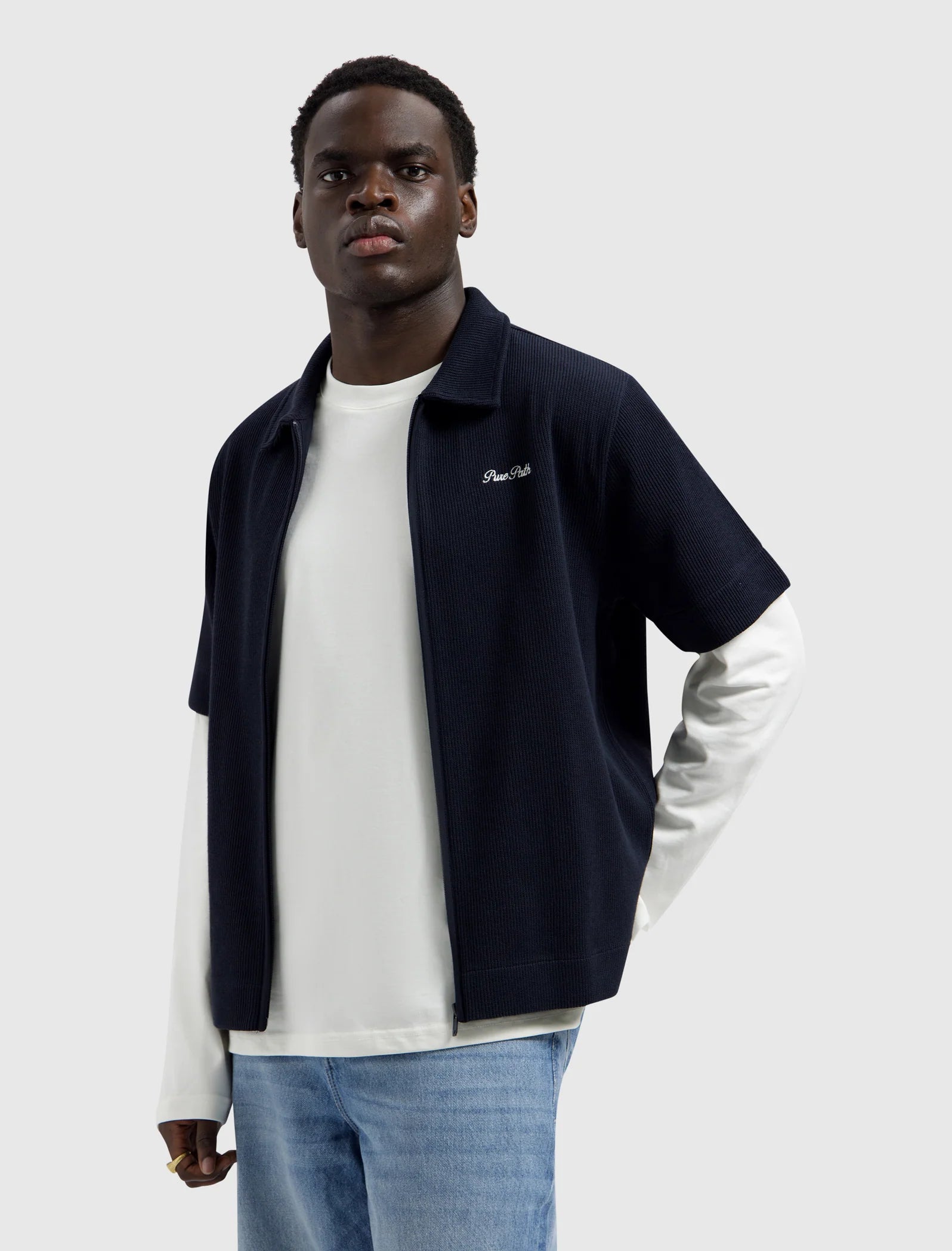 PURE PATH ITALIAN DREAM FULL-ZIP SHORTSLEEVE SHIRT Dark Navy