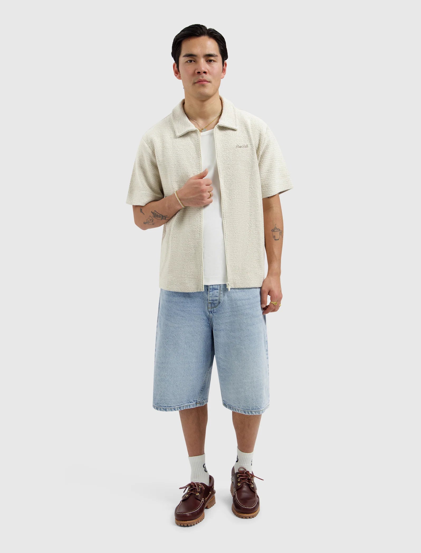 PURE PATH JACQUARD FULL-ZIP SHORTSLEEVE SHIRT Ecru