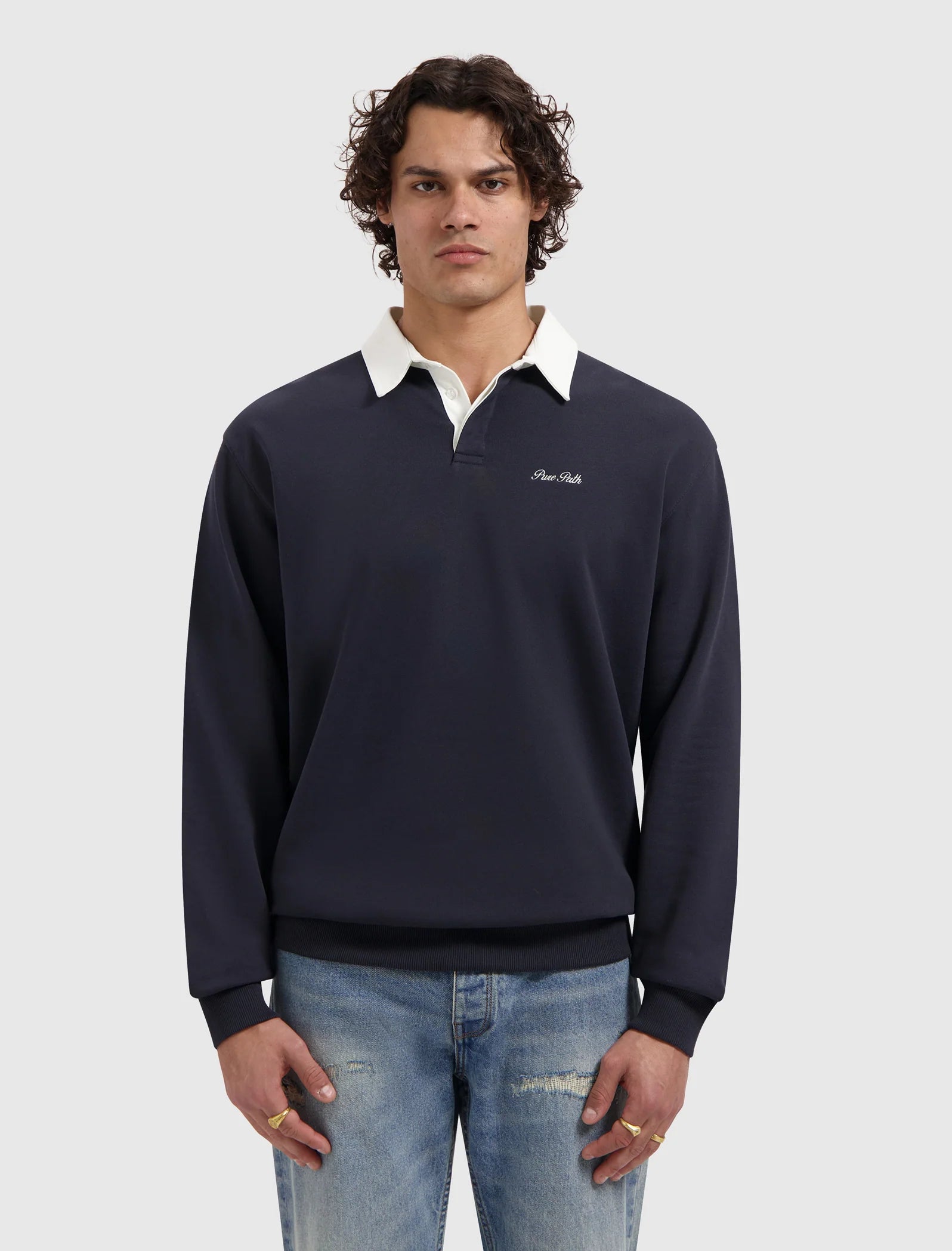 PURE PATH TWO-TONE POLO SWEATER Dark Navy