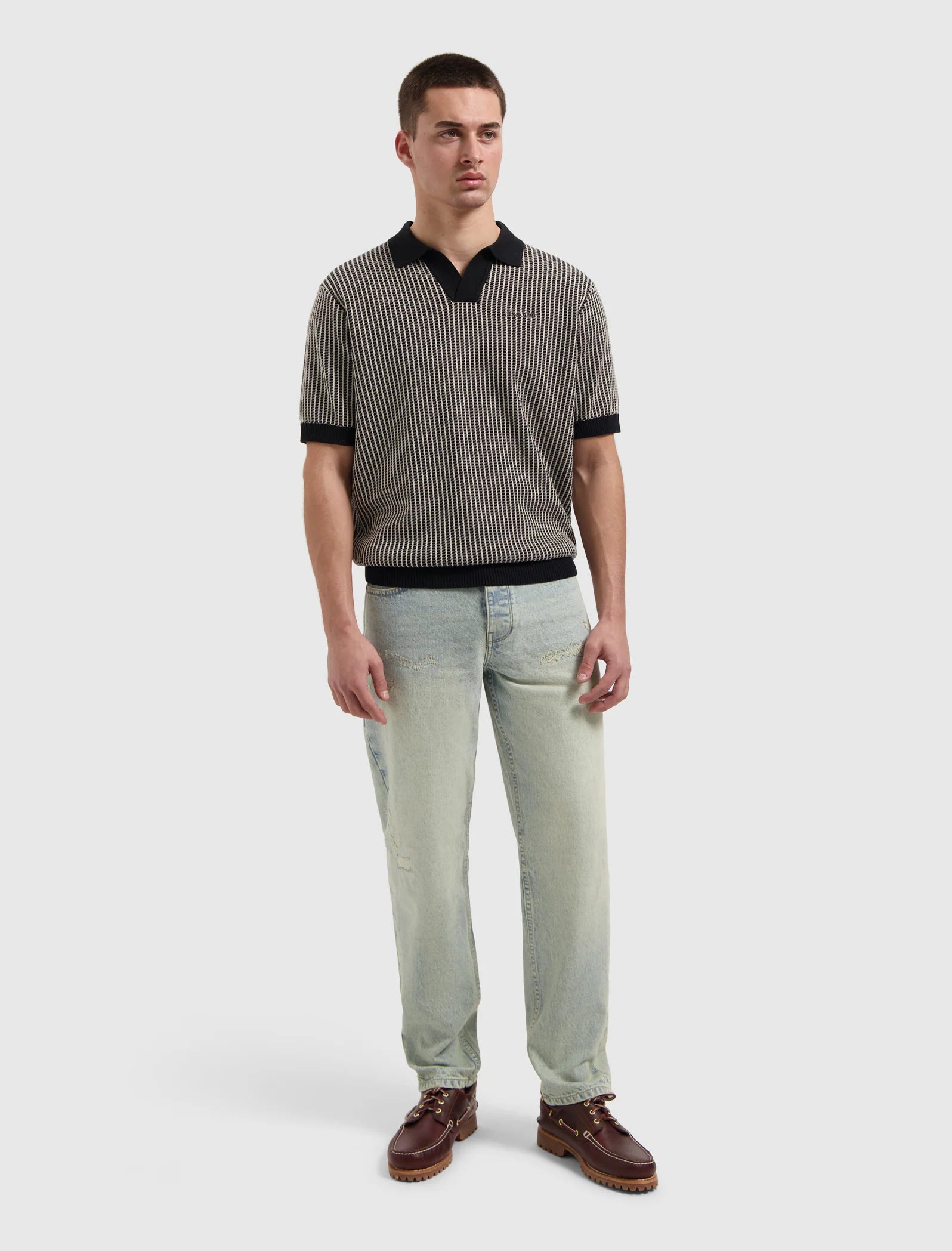 PURE PATH LADDER STITCH KNIT POLO Black