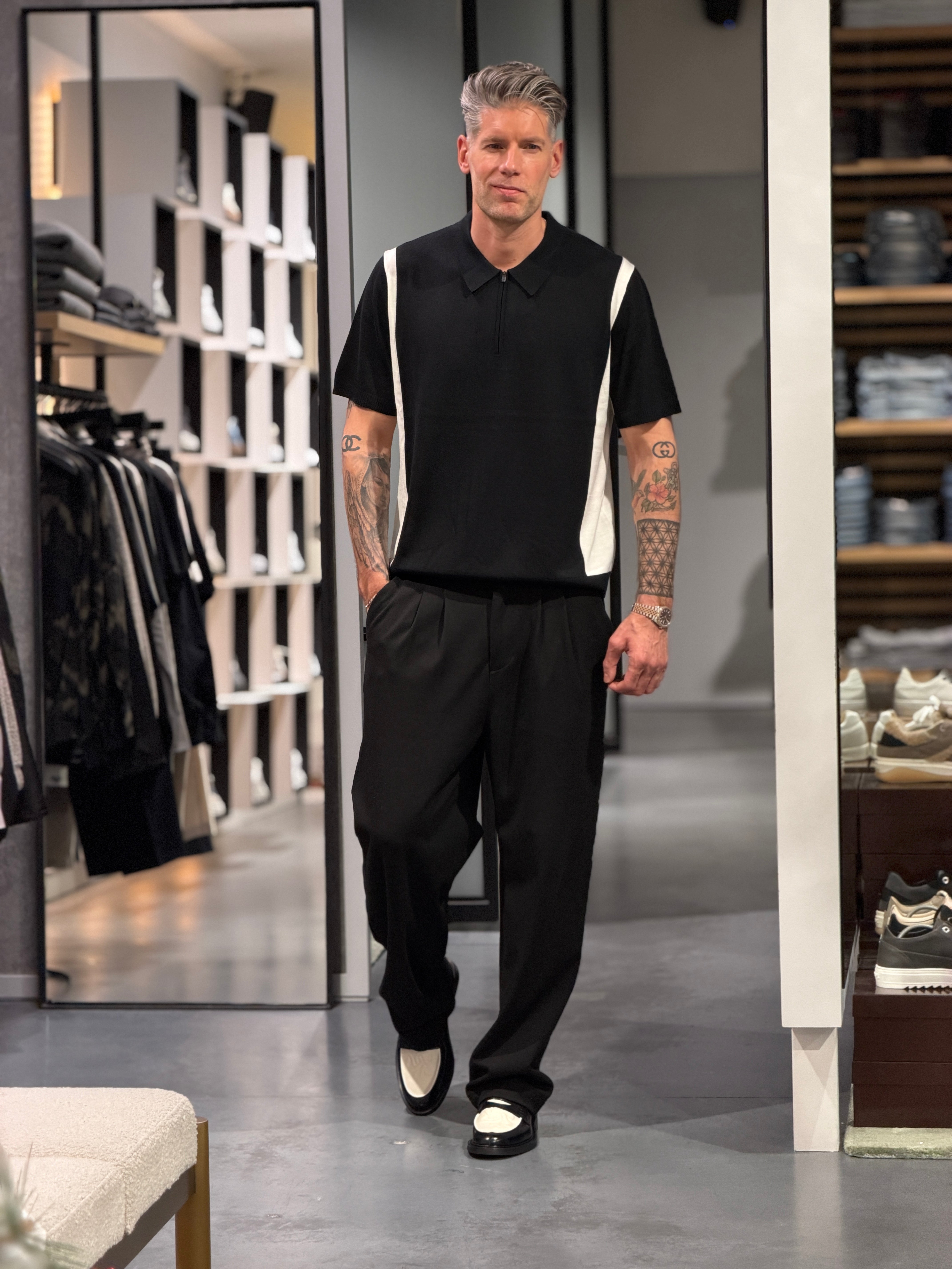 Remy Structure Zip Knit Polo  Black White