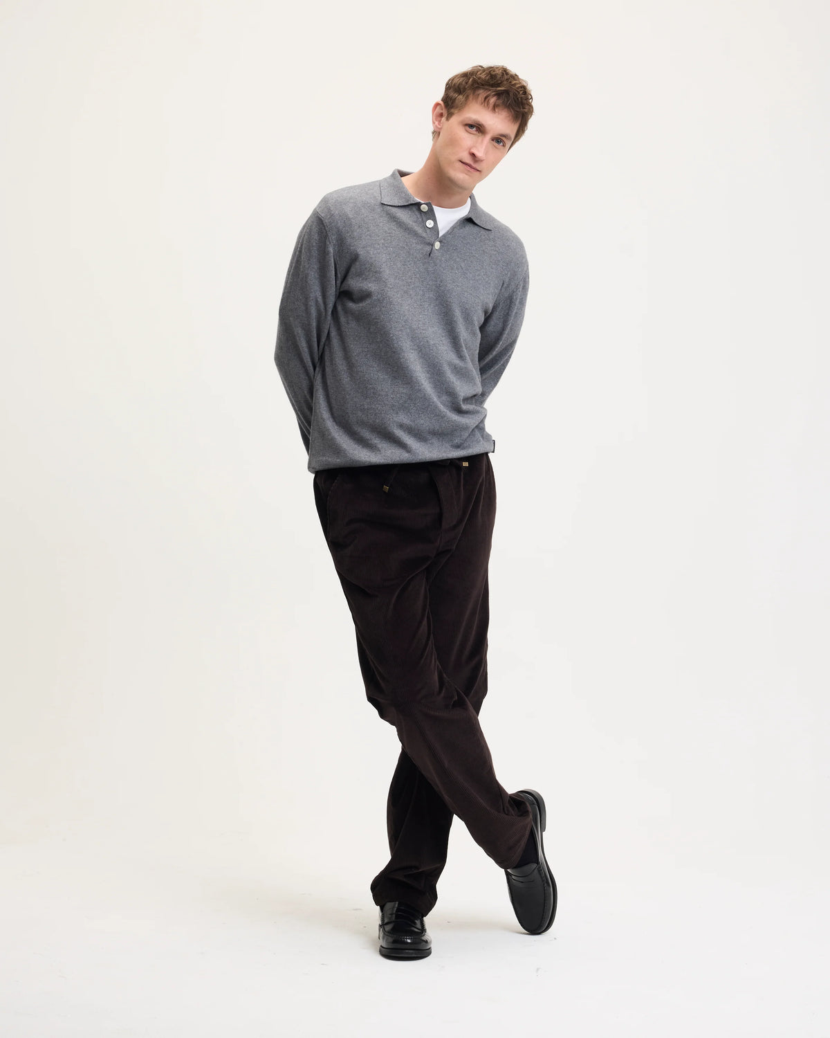 GOOD PEOPLE Kario Italian Knitted Long-Sleeve Polo Grey Mel.