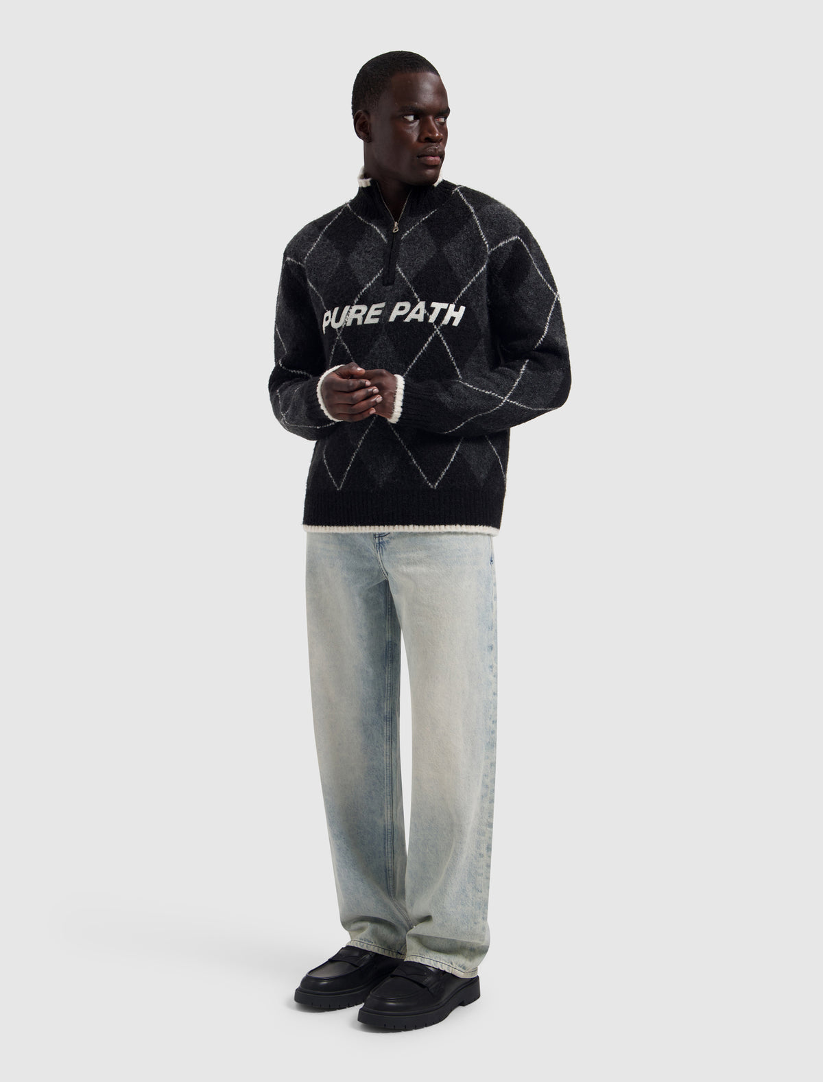 PURE PATH Argyle Half-zip Knit Sweater Black