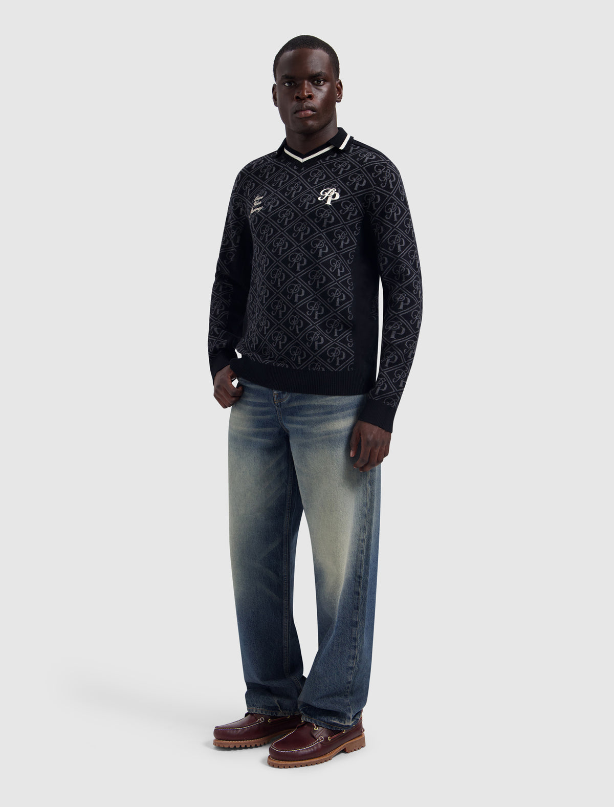 PURE PATH Jacquard Initials Knit Polo Black