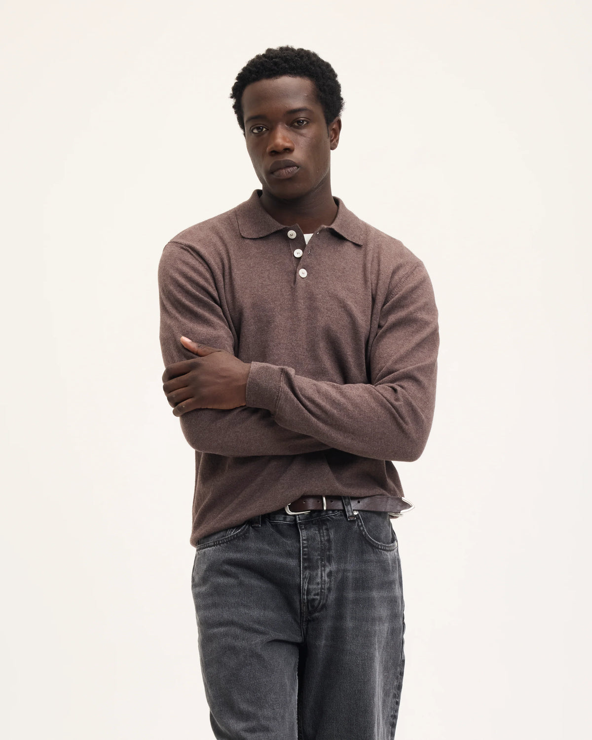 GOOD PEOPLE Kario Italian Knitted Long-Sleeve Polo Chocolate Brown