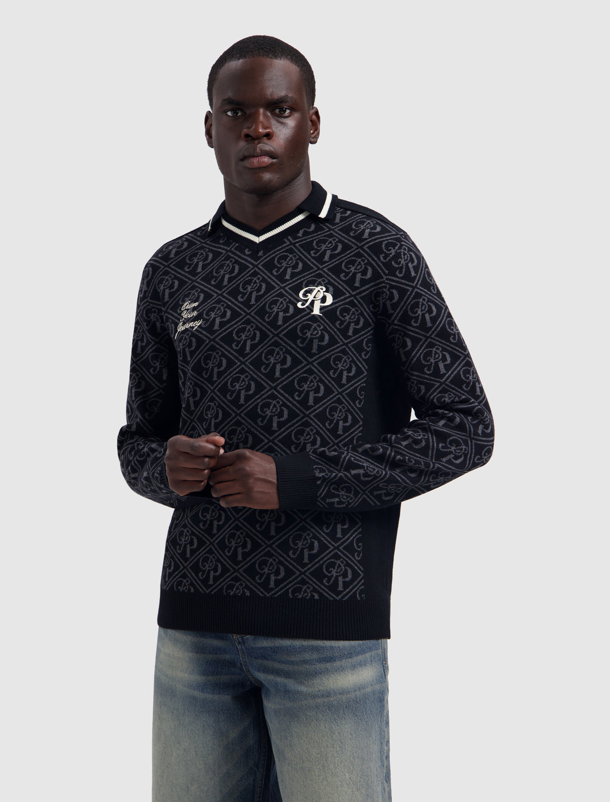 PURE PATH Jacquard Initials Knit Polo Black