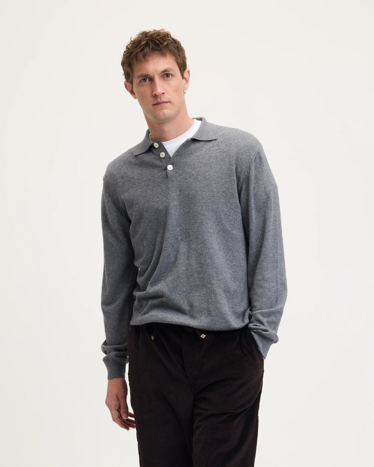 GOOD PEOPLE Kario Italian Knitted Long-Sleeve Polo Grey Mel.