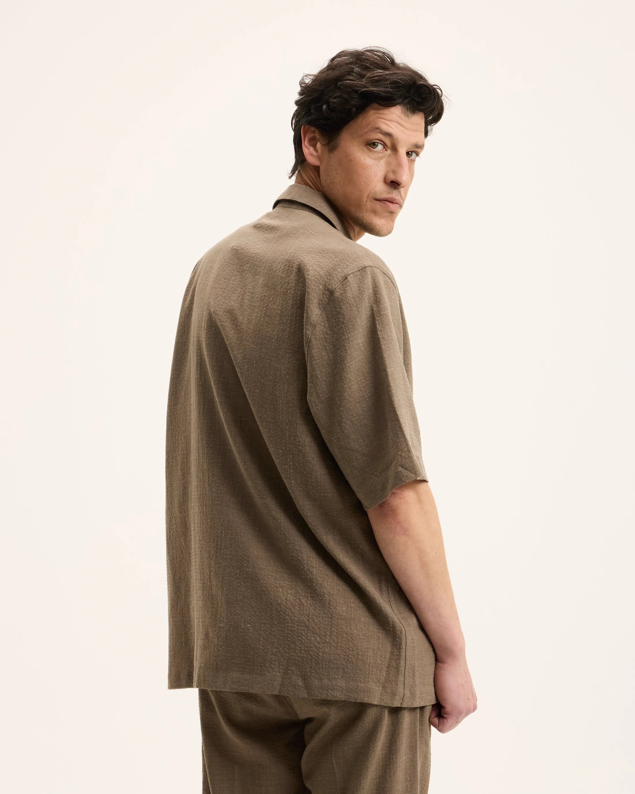 GOOD PEOPLE Sage Linen Blend Seersucker Shirt Earth