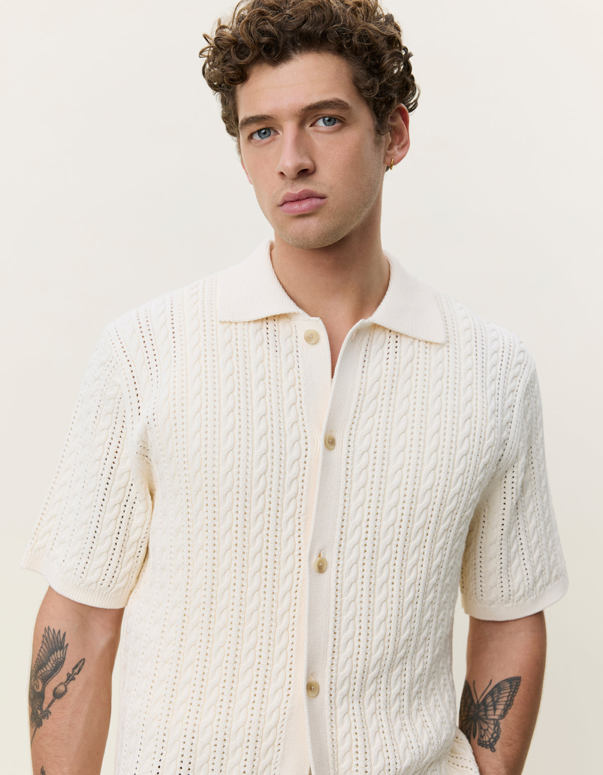 LES DEUX CABLE KNITTED SS SHIRT  Eggnog White