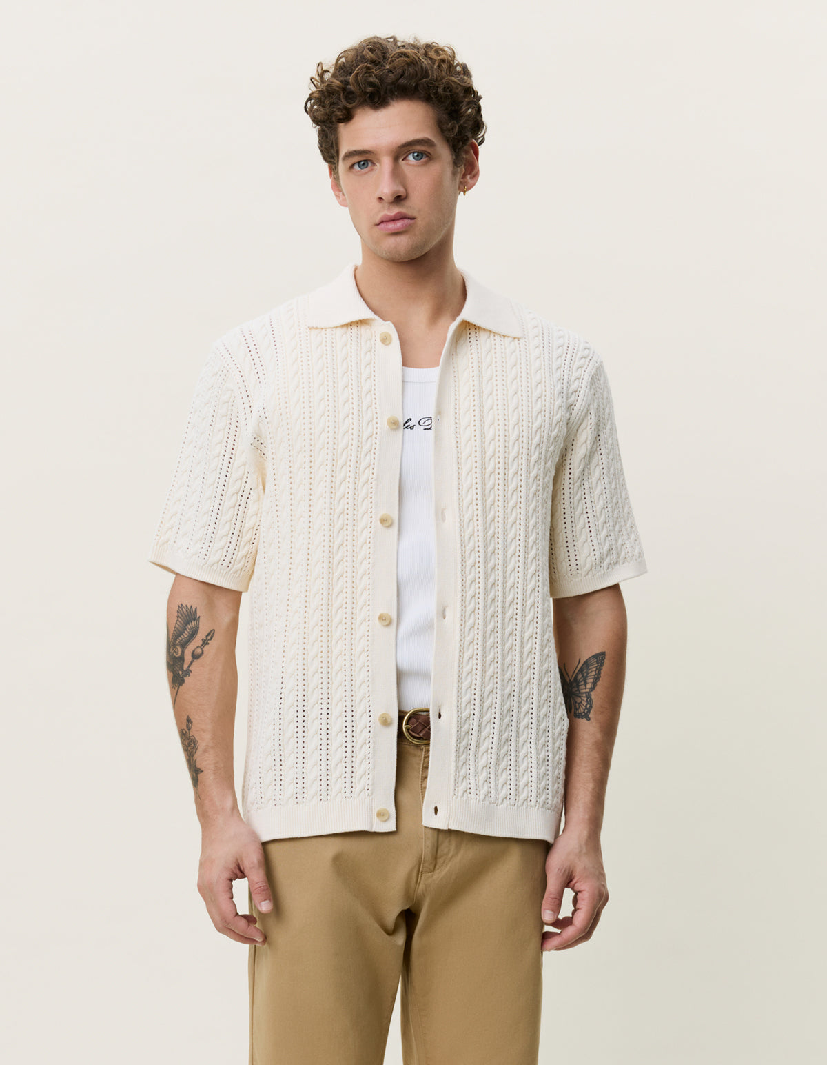 LES DEUX CABLE KNITTED SS SHIRT  Eggnog White