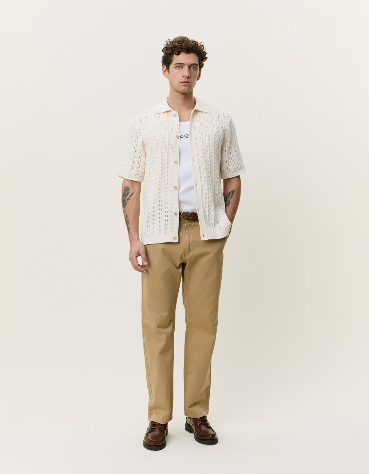 LES DEUX CABLE KNITTED SS SHIRT  Eggnog White